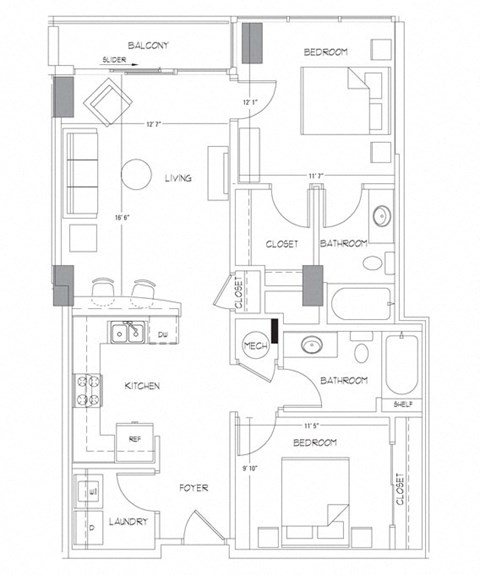 Floor plan for 2 beds, 2 baths, 982 sqft